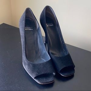 Stuart Weitzman suede peep toe heel black
